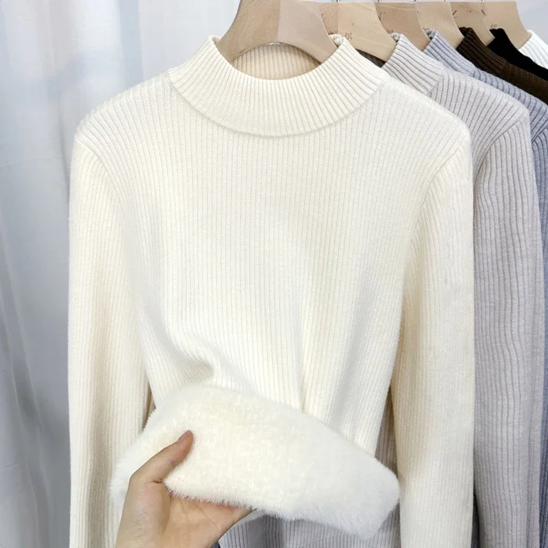 Women Half Turtleneck Plus Velvet Thick Sweaters Winter Warm Long Sleeve Knitted Tops Casual Plush Fleece Lined Soft Pullover
