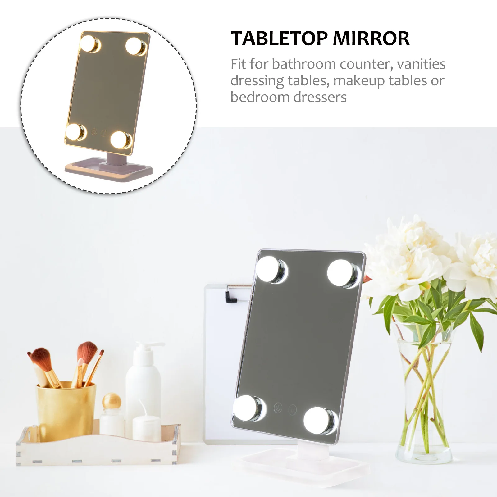 กระจกแต่งหน้าแบบตั้งโต๊ะ LED ปรับแสงได้ 3 โหมด หมุนได้ สำหรับผู้หญิง ใช้ในห้องน้ำ โต๊ะเครื่องแป้ง ปลอดภัย