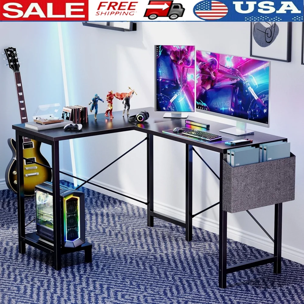 

L Shaped Gaming Desk with Wooden Top CPU Stand Side Bag Reversible Home Office Desk Small Space Productivity