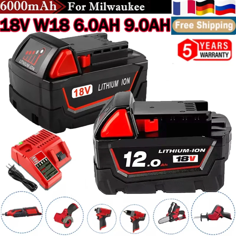 

For Milwaukee M18 Battery 21700 cell XC 18V 9.0/8.0/6.0 Rechargeable Batteries M18B5 48-11-1860 /Charger Power Tool batteryr br