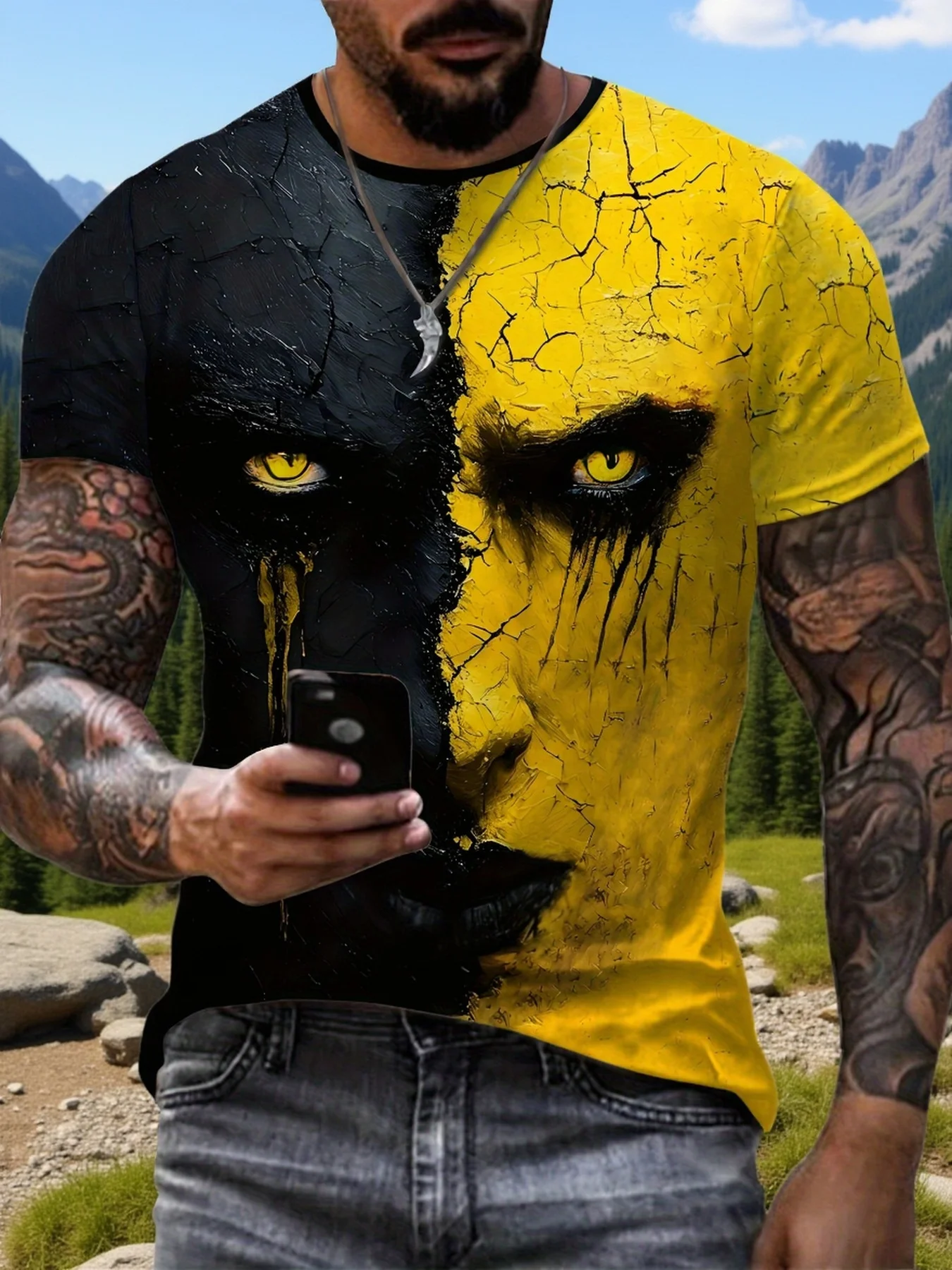 Men's Yellow Black Cracked Face T-Shirt 3D Art Print Crew Neck Short Sleeve Gothic Streetwear Top