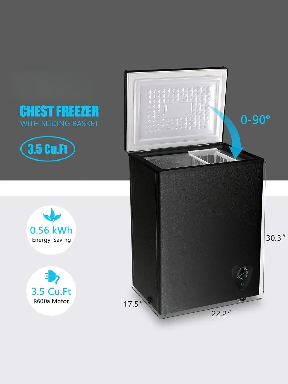 فريزر الصدر، فريزر صغير أسود عميق 3.5 قدم مكعب، باب علوي مدمج قائم بذاته قابل للتعديل 7 ترموستات وسلة قابلة للإزالة #4