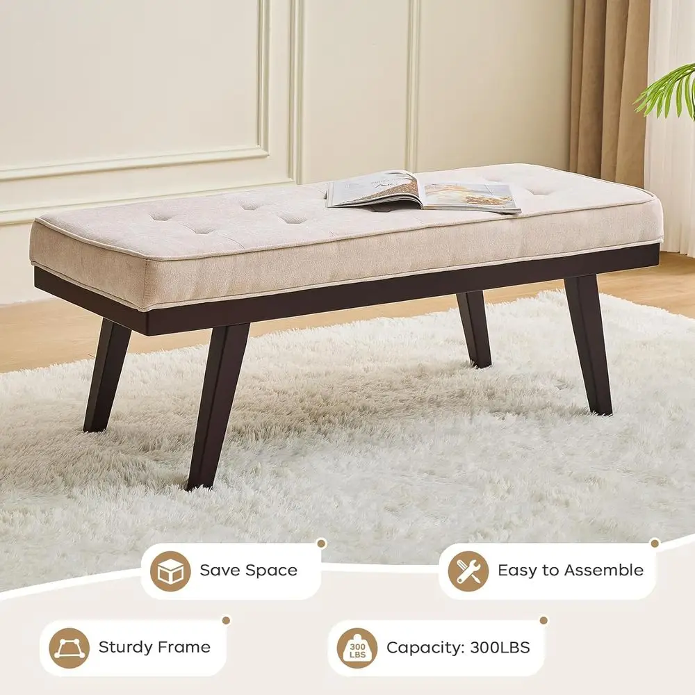 Beige Chenille Tufted Upholstered Ottoman Bench, 47.2 Long Entryway Indoor, Living Room, Dining Room Bench with Rubberwood Legs
