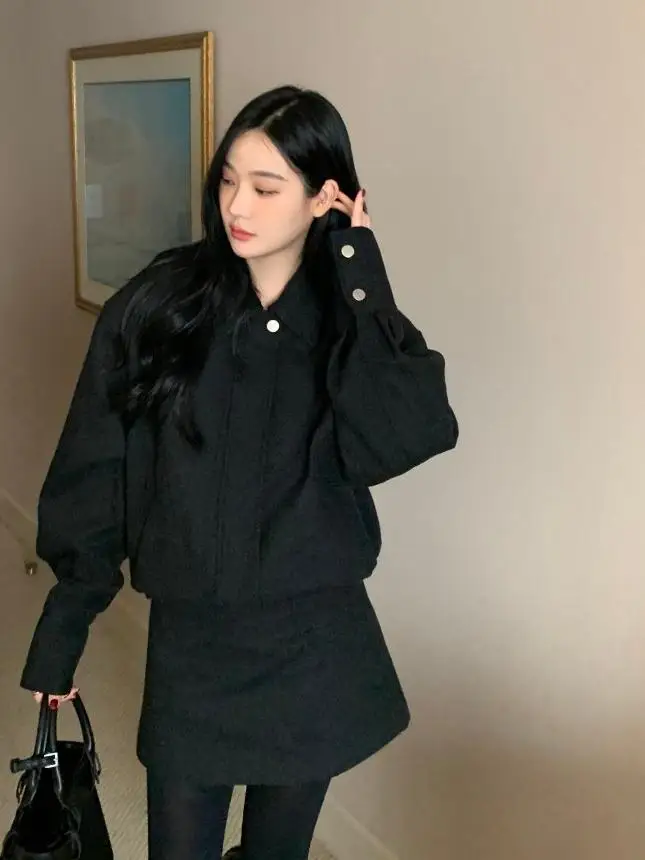 여성용 가을 겨울 두꺼운 양털 소매 재킷 상의 루즈 슬림핏 다용도 반길이 스커트 세트 면 패션 세트