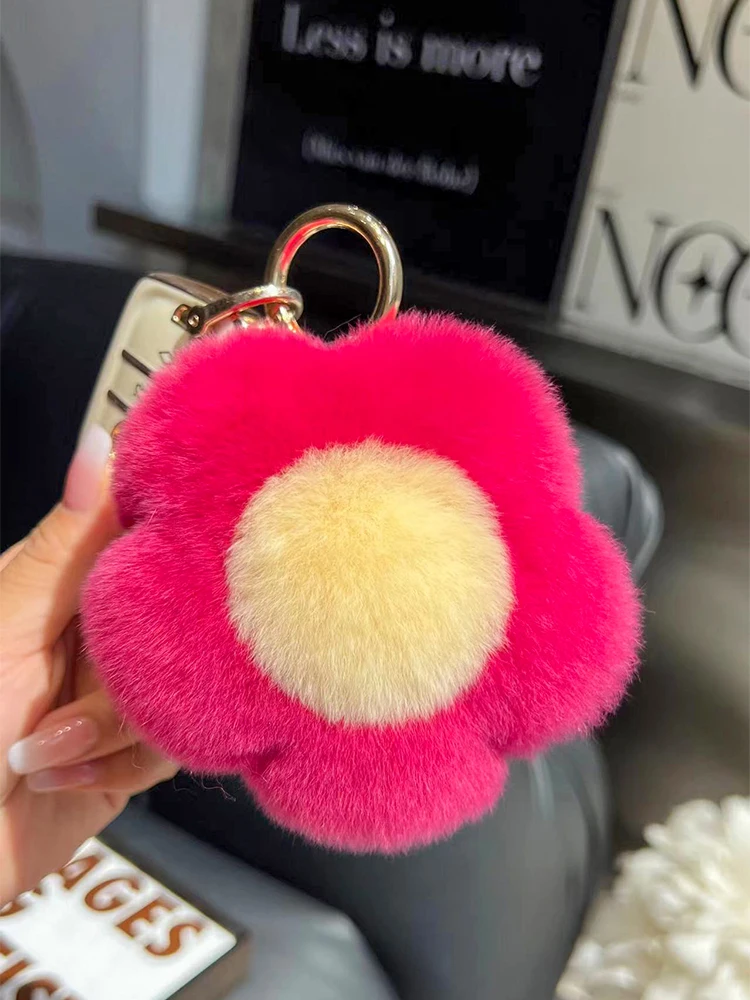 Cute Real Rex Rabbit Fur Flowers Key Chains Plush Ball Toy Girls Bag Hanging Ornaments Women\'s Car Keyring Pendant Birthday Gift