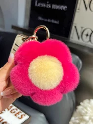 Cute Real Rex Rabbit Fur Flowers Key Chains Plush Ball Toy Girls Bag Hanging Ornaments Women's Car Keyring Pendant Birthday Gift