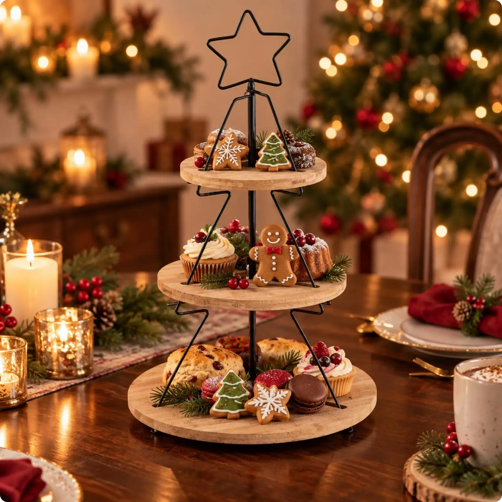 Tiered Wood and Metal Cake Stand for Pastry Showcase with Christmas Tree Frame for Afternoon Tea Party Dessert Arrangement
