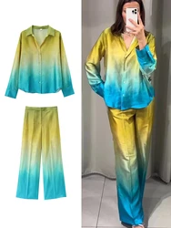 TFMLN Women Summer Tie Dye 2-Piece Set 2024 Loose Long Sleeve Shirt+High Waist Vintage Gradient Pockets Zipper Wide Leg Pant