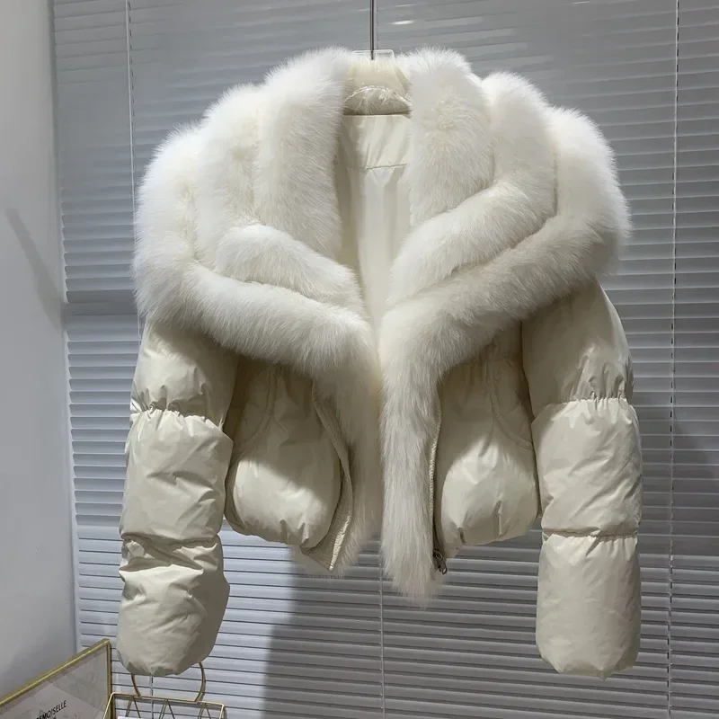 Abrigo de invierno con cuello de zorro para mujer, chaqueta de plumón de ganso blanco, Chaqueta corta de piel cálida