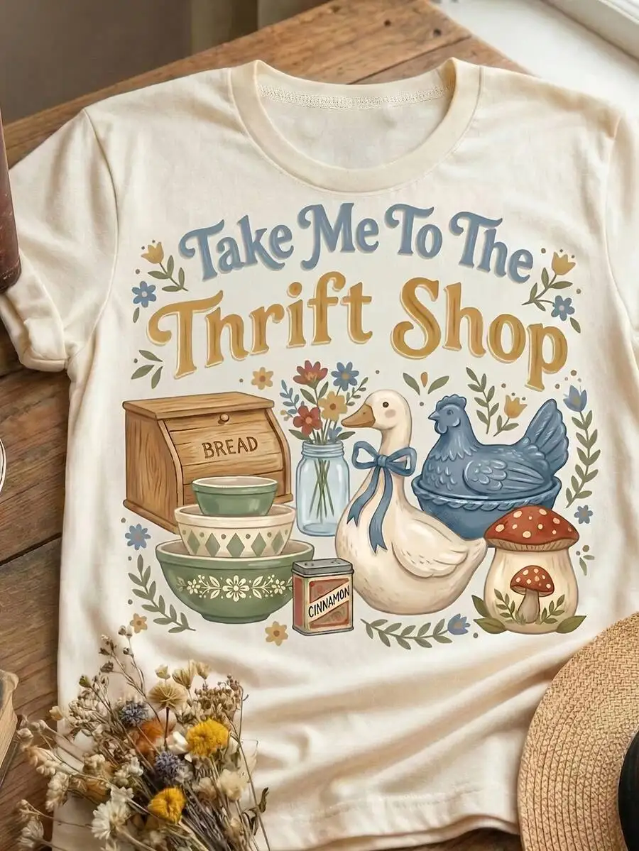 Crew Neck Cotton Tee Take Me To The Thrift Shop Retro Digital Print Women Summer Thrifting Casual Short Sleeve Top