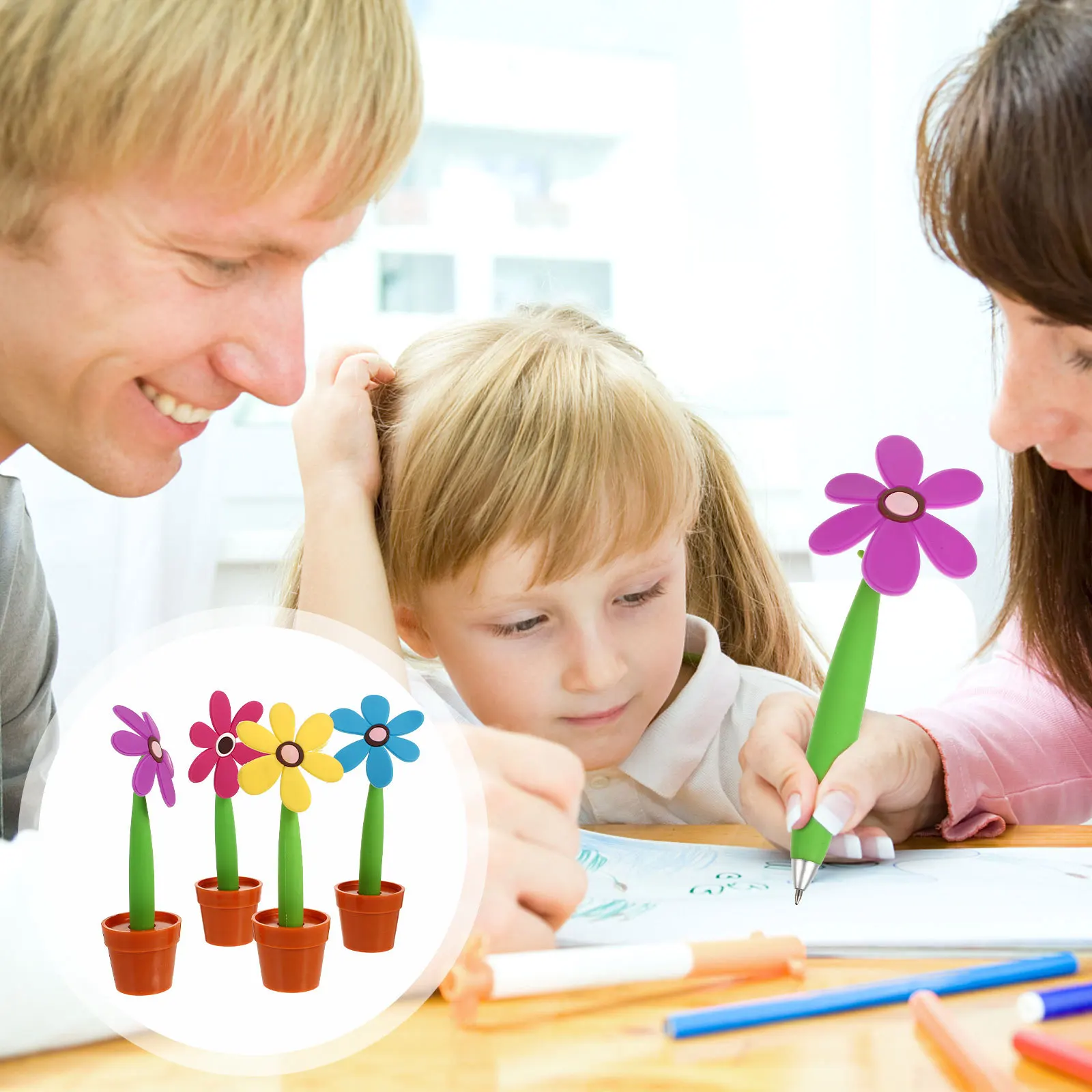 4 قطع من أقلام حبر جاف إبداعية مع طباعة عباد الشمس، غير قابلة للانزلاق، كتابة سلسة، قبضة مريحة، مثالية لمكتب المدرسة