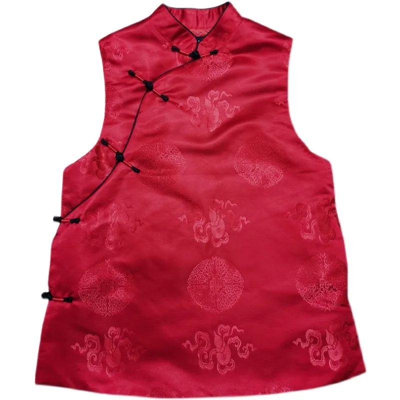 Winter Design Tang Suit Birth Year Red Retro Improved Buckle Stand Collar Men's and Women's Vest