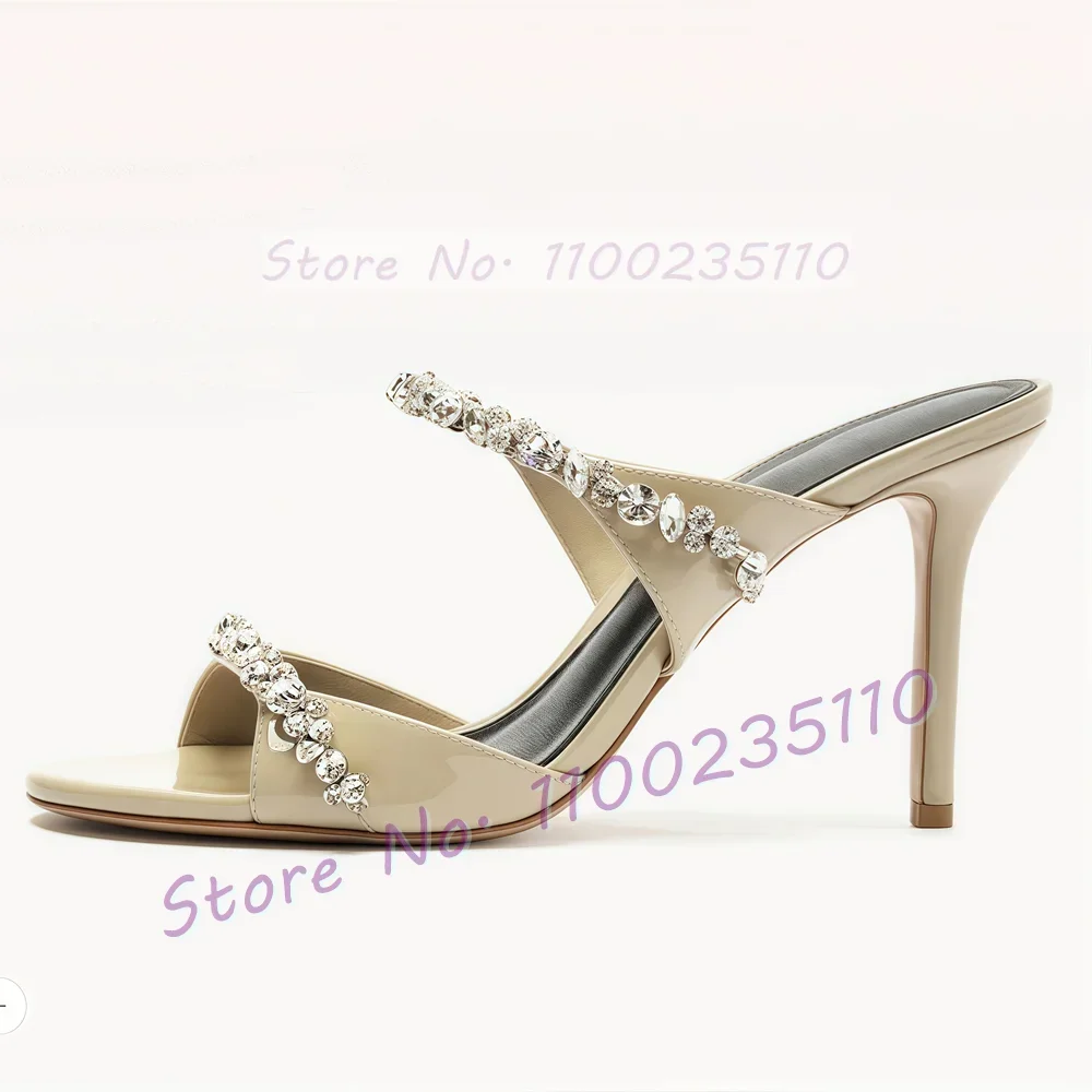 

Beige Crystal Double Straps Heeled Slippers Women Glittery Open Toe Patent Leather Stiletto Mules Summer Fashion Newest Slippers