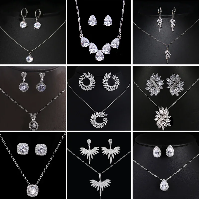 Luxury Water Drop Pendant Necklaces Earrings Sets Shininy Cubic Zircon for Women Bridal Wedding Designer Jewelry Set Atacado