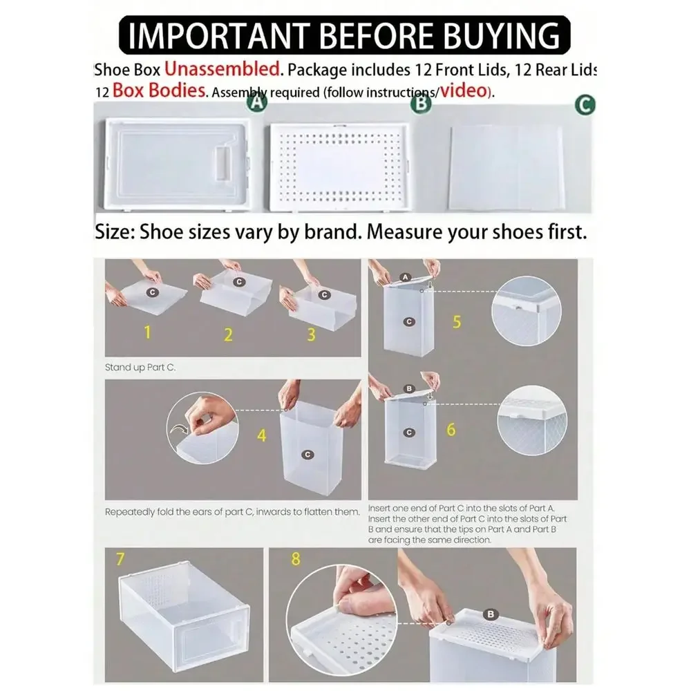 Pack Large Shoe Storage Organizer For Closet, Modular Space Saving Shoe Boxes Clear Plastic Stackable Containers Display Case B