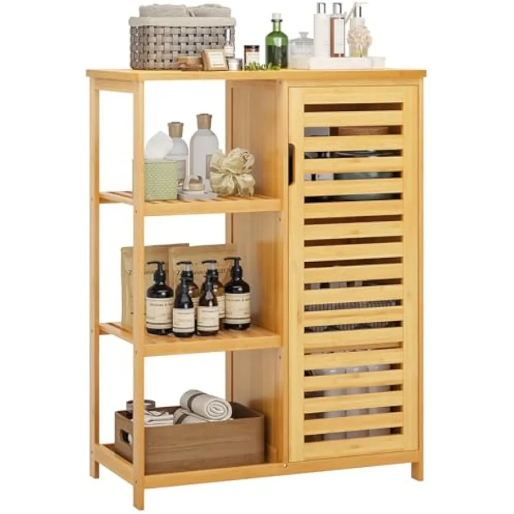 

Bathroom Cabinet Bamboo Storage Cabinet with Doors and 3 Side Shelves, Freestanding Floor Cabinet for Bathroom