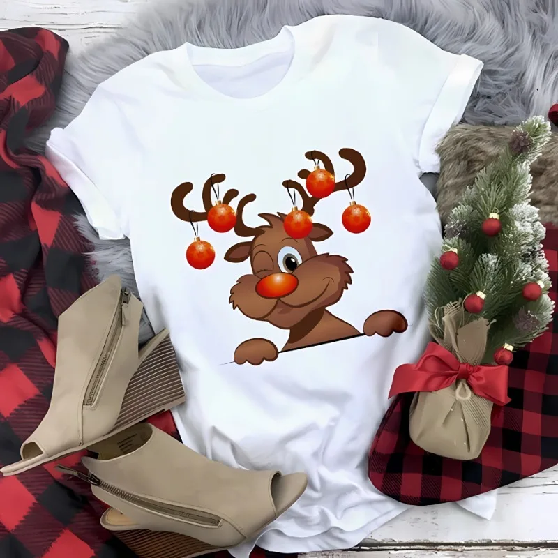 Women Red Nosed Reindeer T-Shirt Cute Rudolph Print Christmas Casual Short Sleeve Tee Tops