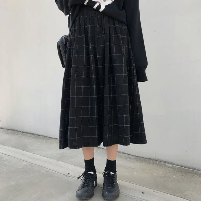 

Women Autumn Winter Plaid A-line Pleated Skirts 2023 New Female 2 Colors Japanese Style High Elastic Waist Long Skirts Harajuku