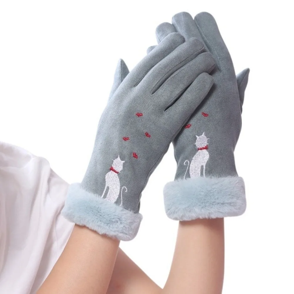 New Warm Winter Gloves Full Finger Windproof Driving Mittens Cat Embroidery Coldproof Touch Screen Gloves Women