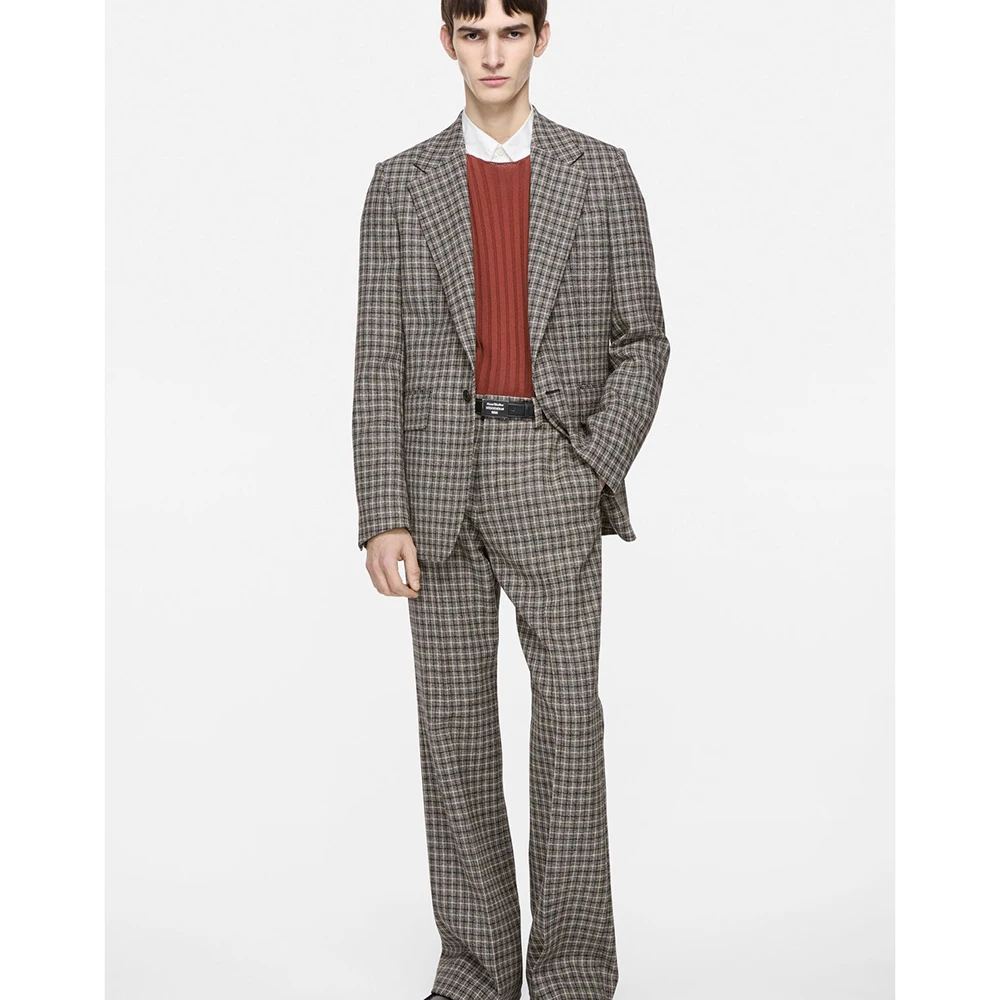 

Классический мужской костюм в британском стиле, коричневый клетчатый костюм, комплект из 2 предметов, куртка и брюки, однобортный с лацканами, свободный, повседневный, для офисной вечеринки, мужской