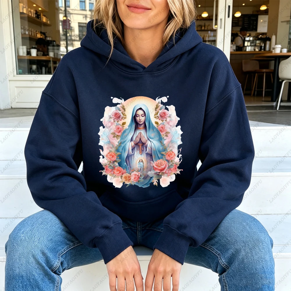 Virgin Mary Roses Watercolor Praying Women Casual Long Sleeve Hoodie Religious Catholic Faith Blessed Vintage Gift Pullover