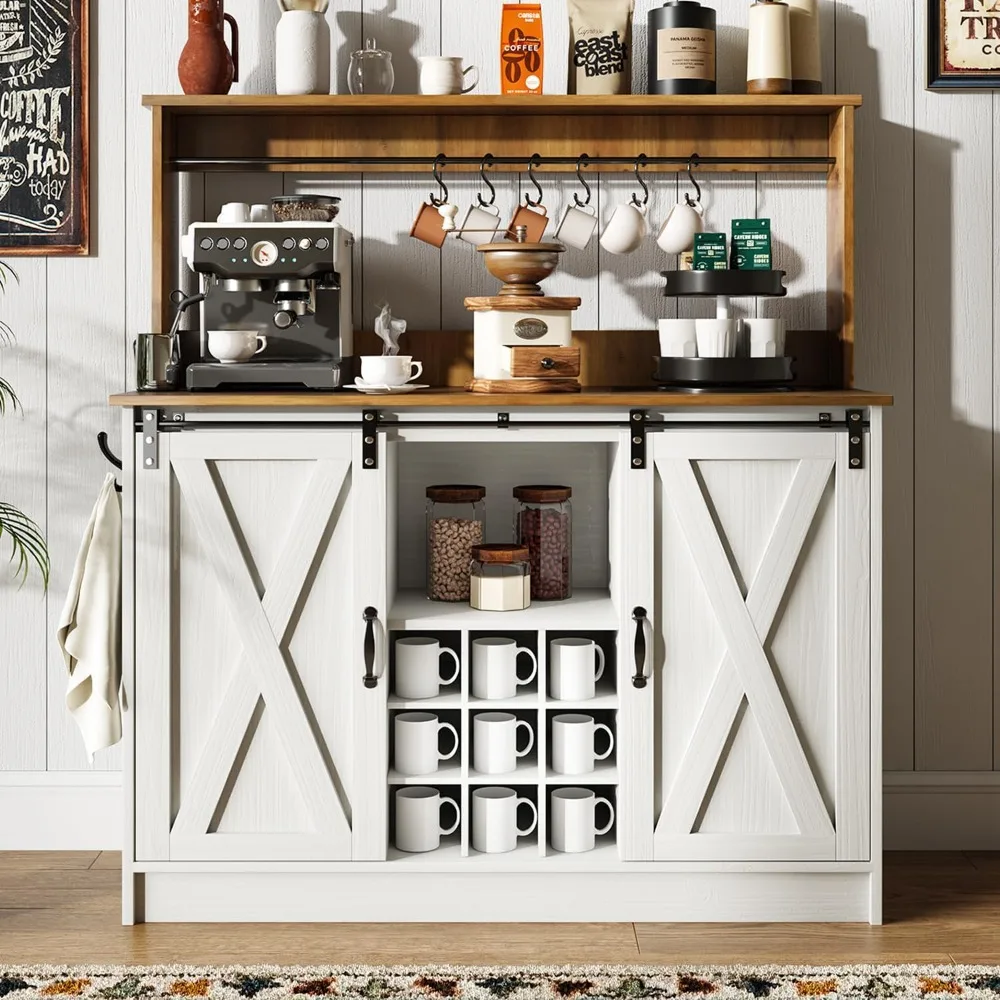 Coffee Bar Cabinet with 6 Hooks,47''Kitchen Coffee Bar with Hutch and 9 Wink Racks,White Coffee Bar Table with Sliding Barn Door