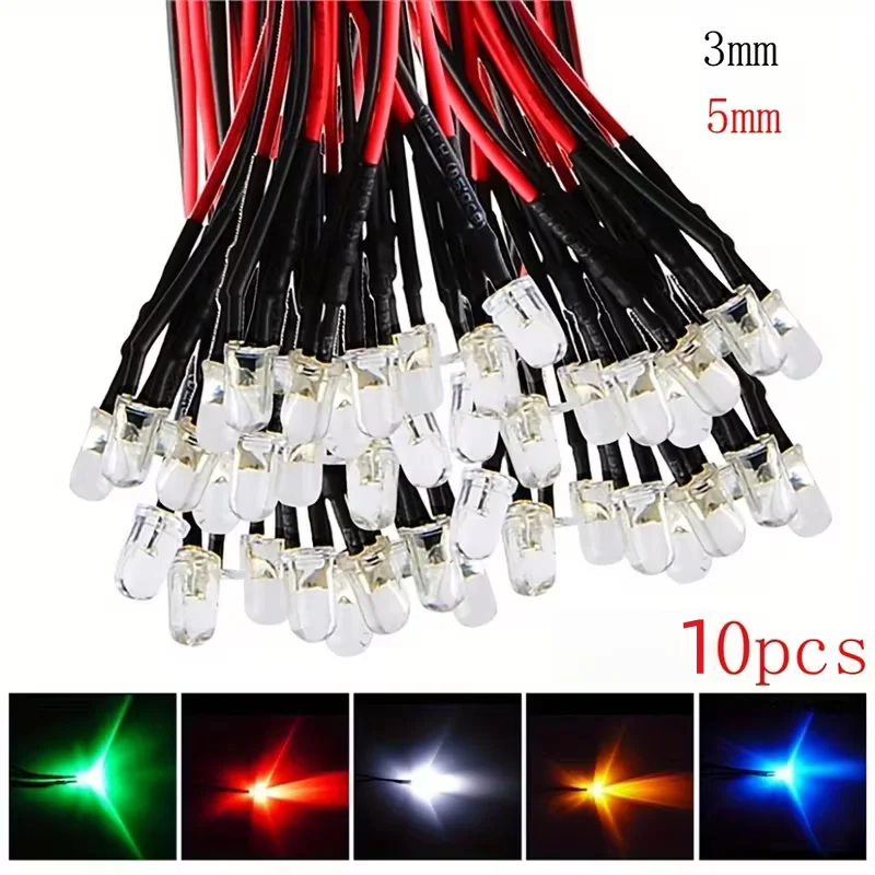 10Pcs 3mm Pre-Wired LED Diodes 3v-24v  Multiple Colors (Red/Green/Blue/White/Yellow) for DIY Arduino Model Train Hobby Elect