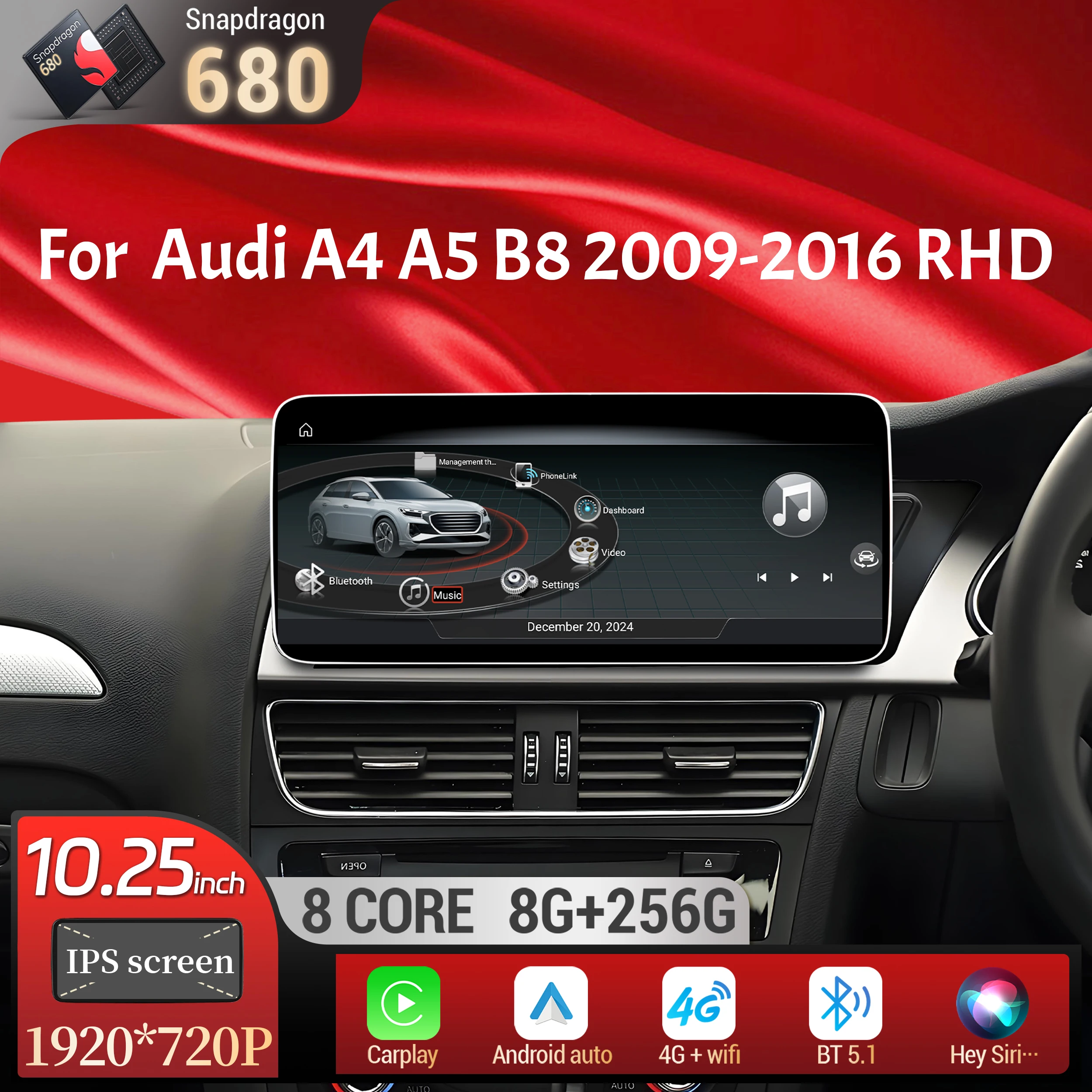 

10.25 inch Right Hand Drive Android 14 For Audi A4 A5 B8 2009-2016 Car Radio Wireless BT Carplay Qualcomm Snapdragon 680 Screen