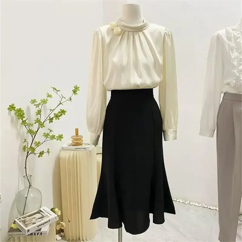 

Blouses Women Tops Temper Office Lady Gentle 3d Decoration Chic Korean Style All-match Loose Tops Classic Soft Blusas De Mujer