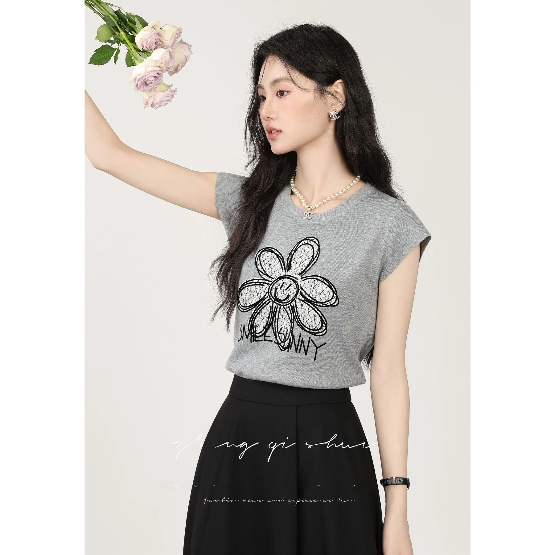 

ay Knitted ort Sve Top Women's Summer New Sle Zhang Qingui Thin Outerwear College Sle Print Pattern Korean Version