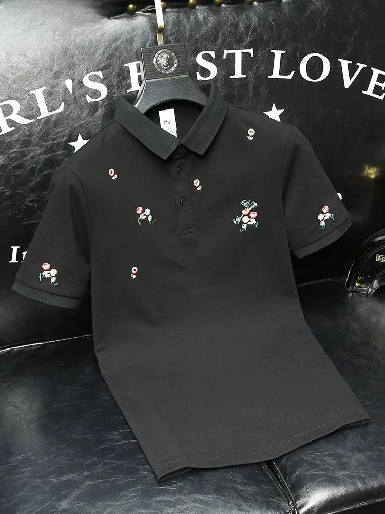 

Мужская футболка с коротким рукавом в стиле ретро с вышивкой, отложным воротником, приталенного кроя, летняя, модная, в городском стиле