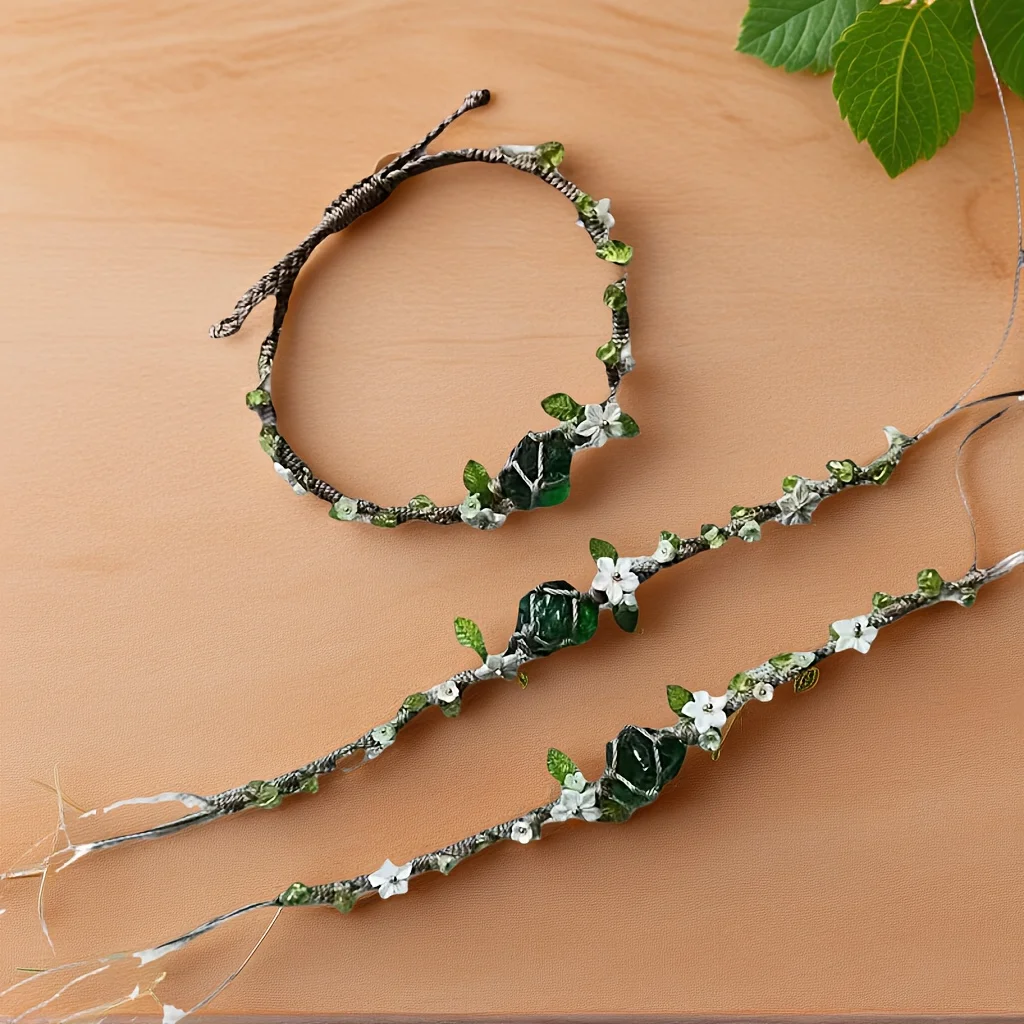 Bohemian Style Handwoven Natural Green Crystal Stone Bracelet for Women Original Design Irregular Cut Main Crystal Embedded Tran