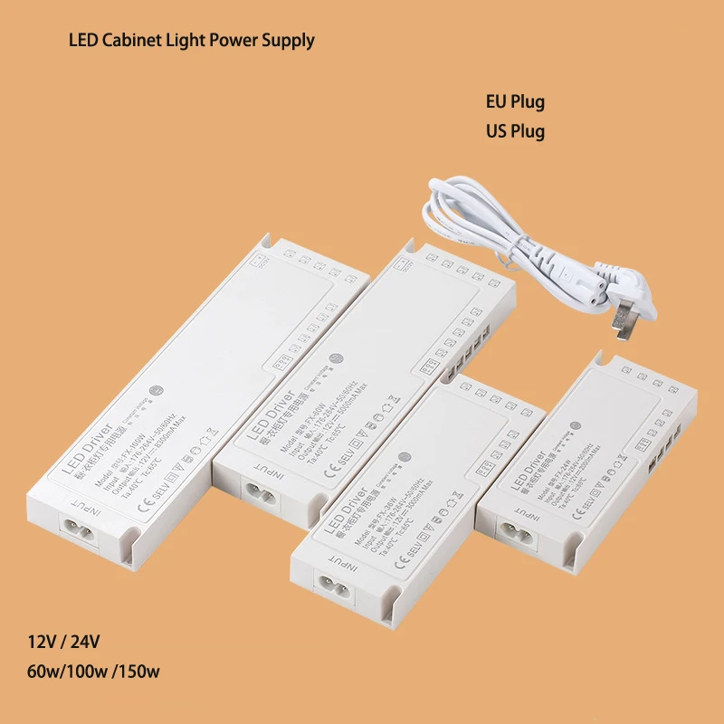 LED Cabinet Light Power Supply 60w 100w 150w  Transformer 12V 24V Constant Voltage Source Adapter for LED Strip