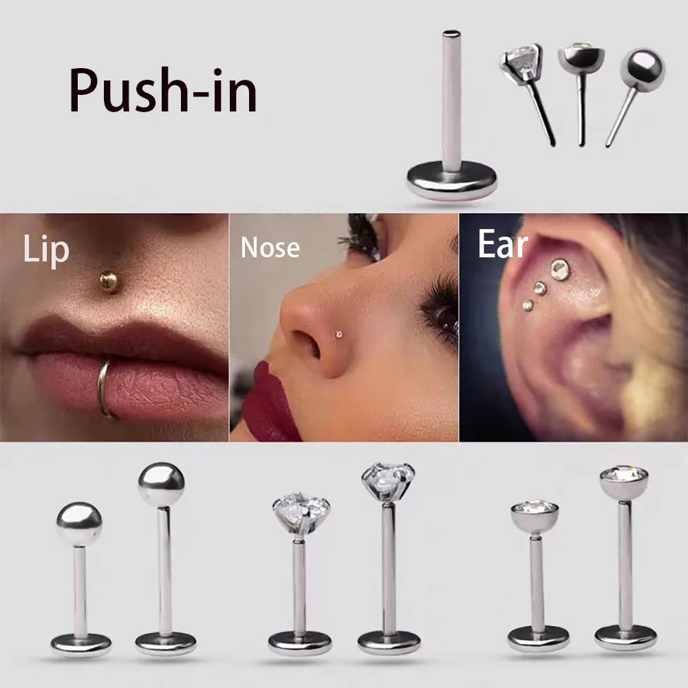 1PC Surgical Steel Threadless Round Labret Nose Zircon Lip Stud Ear Cartilage Tragus Helix Earring Daith Piercing Body Jewelry