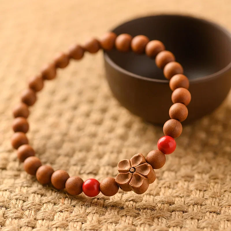 Sandalwood Buddha Bead Bracelet Women's Peach Wood Plum Blossom Vermilion Sandalwood Vintage Style Literary Single Loop Bracelet