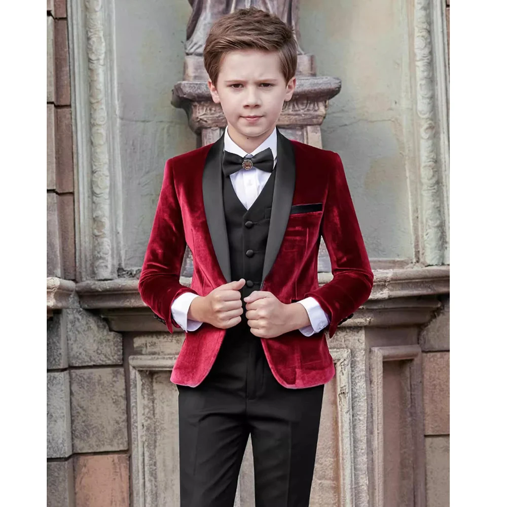 Chic Velvet Boy Suits Shawl Lapel One Button Child Suit Sets Handsome Formal Wedding Party Tuxedo Kids Clothes 3 Pieces