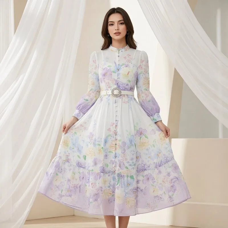 

Elegant Countryside Style Dress with Stand Collar Large Flower Print Long Skirt for Holiday Photography A-Line Dress
