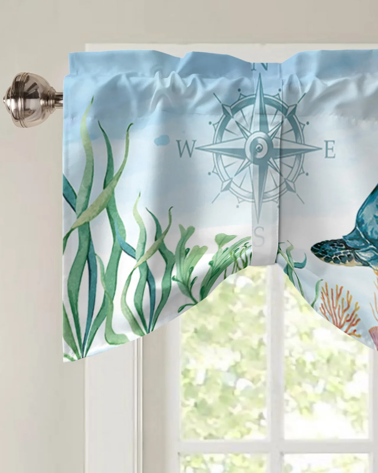 Nautical Theme Sea Turtle Starfish Compass Window Valance Curtain Kitchen Cafe Short Curtains Living Room Tie-Up Valance Curtain