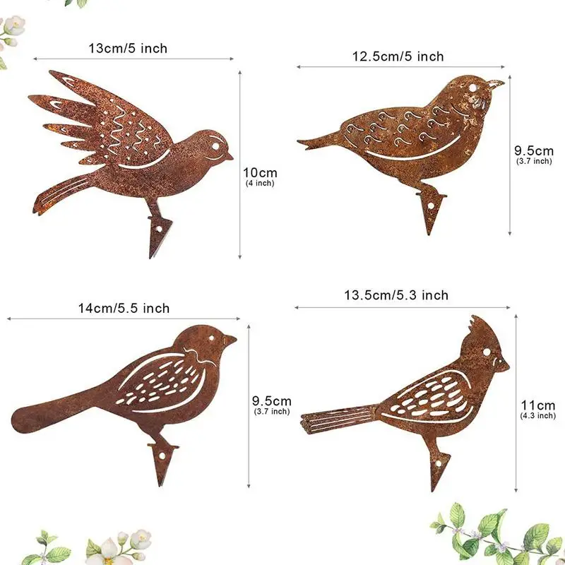 4pcs Rusty Metal Bird Silhouettes Garden Fence Decor Woodpecker Robin Steel Country Yard Art Gardening Decoration Metal Bird