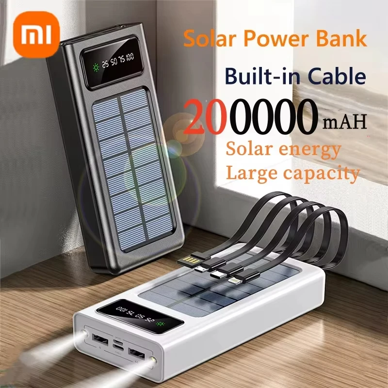 

Солнечный Power Bank Xiaomi 200000 мАч с сертификацией CCC, большой емкости, для быстрой зарядки мобильных устройств, с двумя USB-портами и 4 кабелями