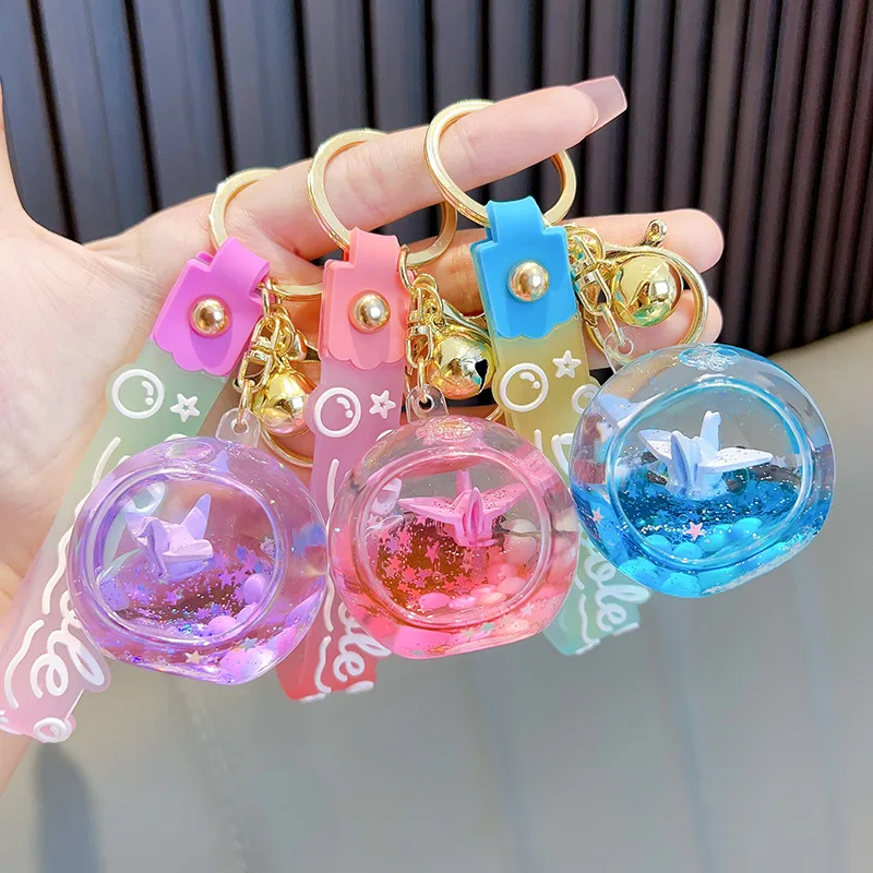 Fun and Cute Style Transparent Resin Box Blue Star Glitter Drop Glue Folded Paper Cranes Key Chain Women's Backpack Keychain