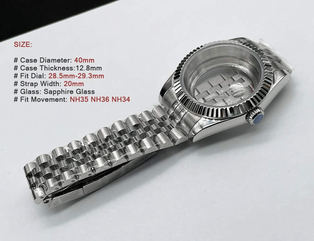 Mod NH35 Watch Case Sapphire Crystal Glass 20mm Stainless Steel Strap with 40mm Transparent Case Set Fit to Nh35A NH36 Movement