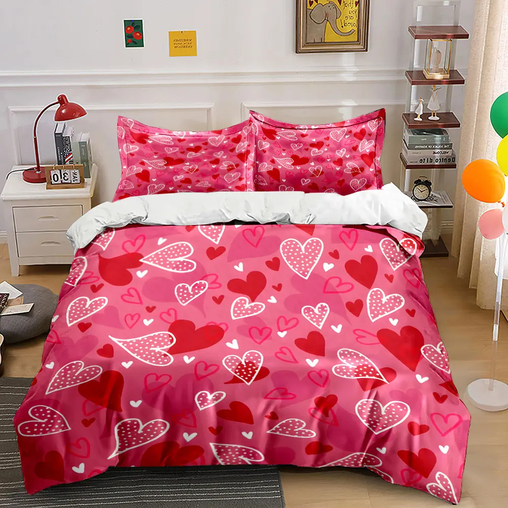 

Romantic pink and red heart Bedding Set for Kids Luxury Gift 3pcs Digital Print Comforter Set Soft Comfortable Breathable