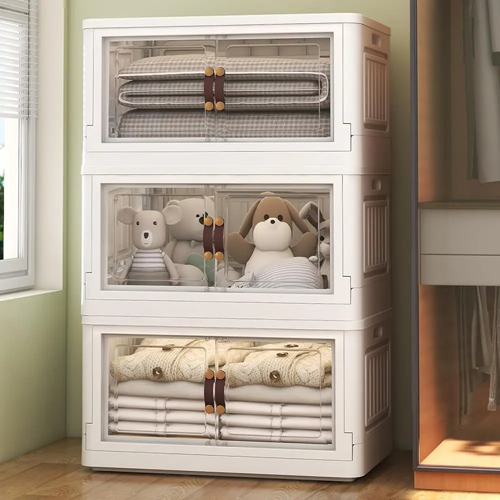 

3 Storage Bins With 3 Lids, 78 Qt White Closet Organizers And Storage, 3 Packs Stackable Storage Bin With Wheels,Double Door