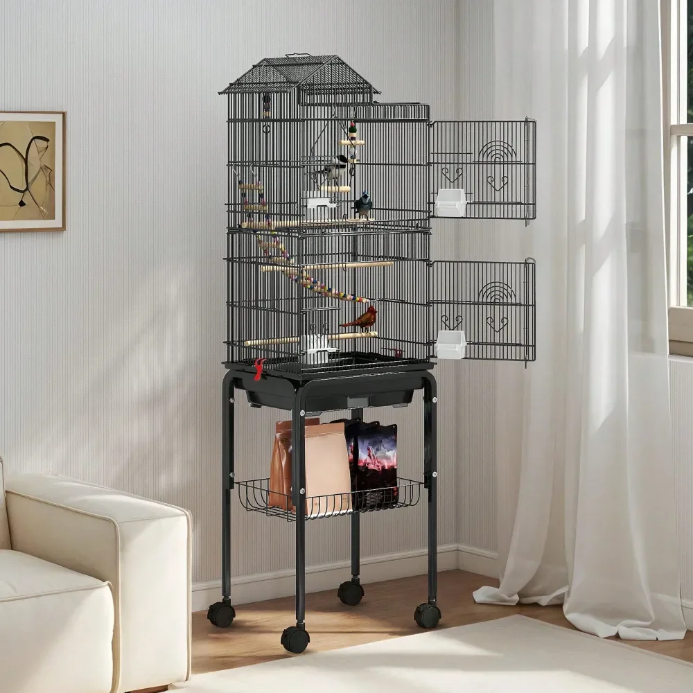 

62Inch Large Metal Flight Bird Cage With Roof Top, Rolling Stand, Ideal For Parrots, Cockatiels, Lovebirds