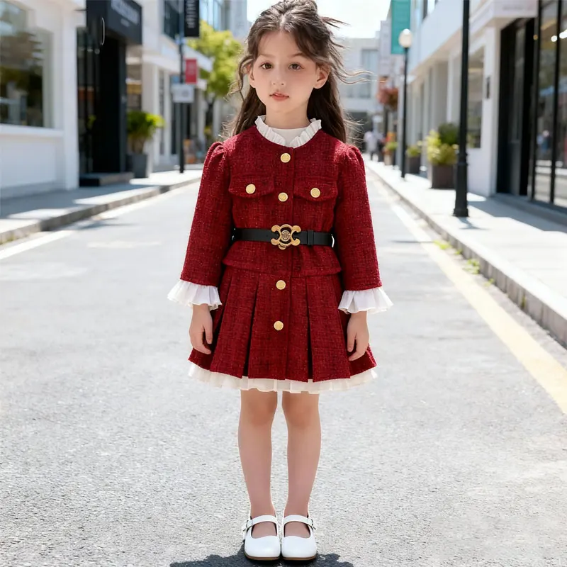 

Girls Casual Dresses Girls Tweed Dress Winter Red Lace Princess Gown with Plush Lining Holiday Party Dress for Toddlers