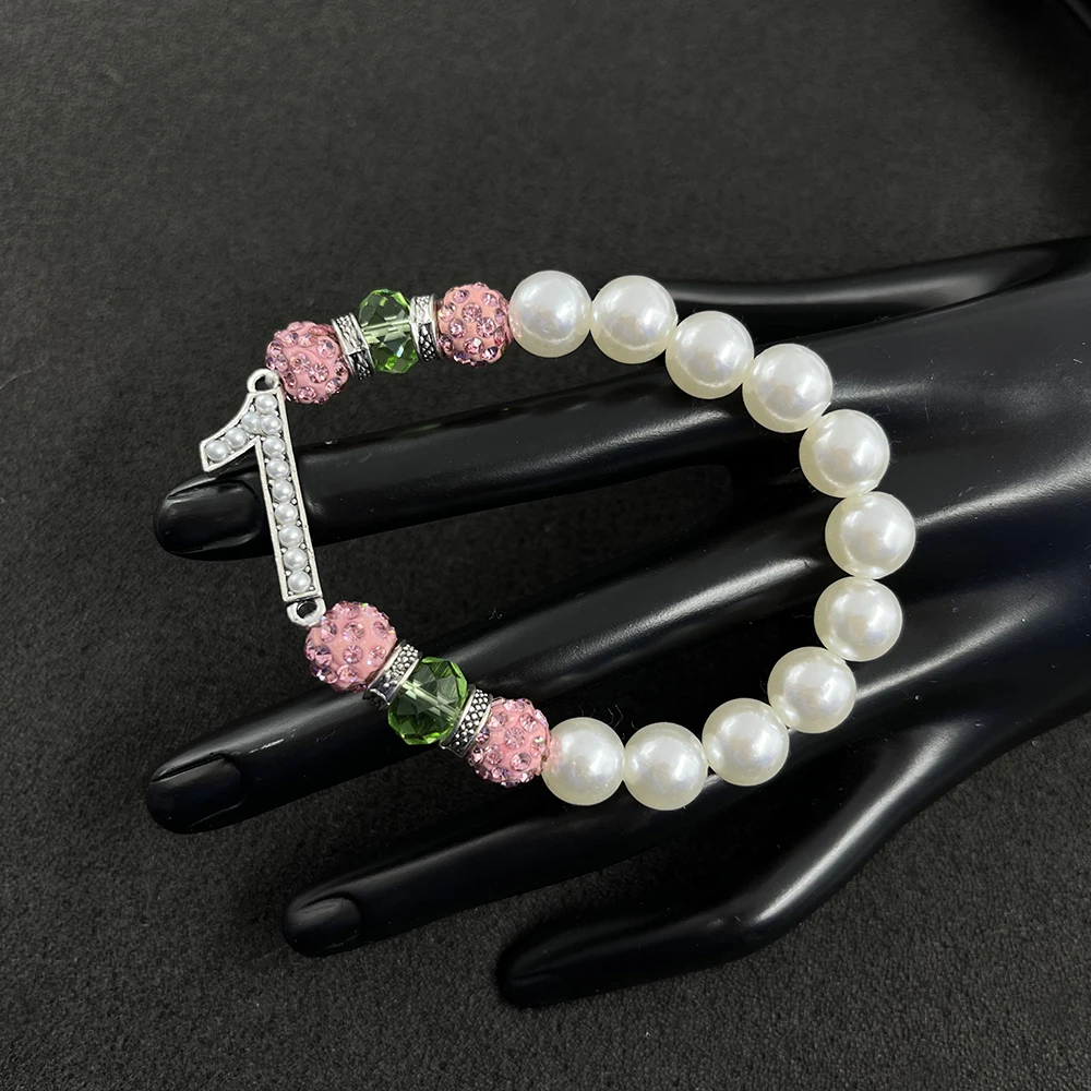 2023 New Arrived Fashion Custom Pink and Green White Pearl Number Bracelets Sorority Jewelry Bangle Gift Bracelet