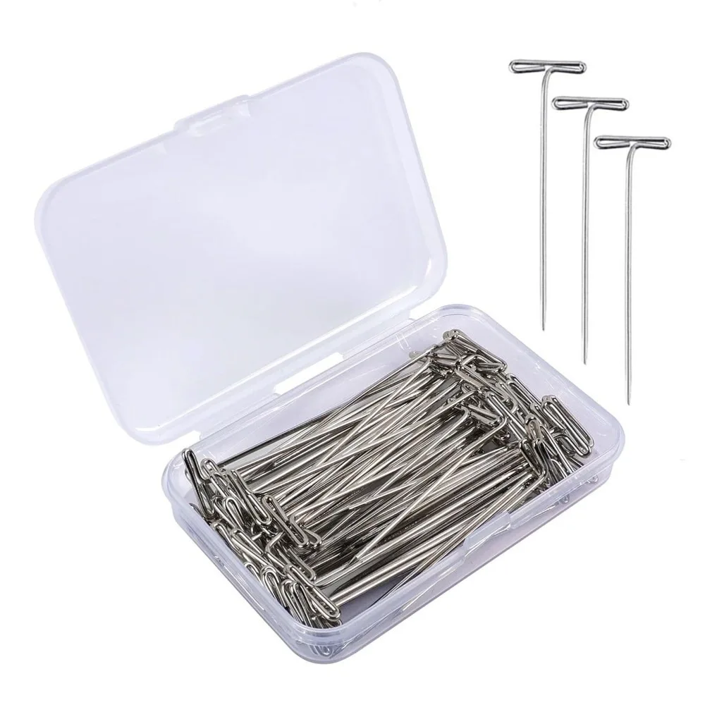 100Pcs 27/32/38/45/51/53mm T Pins Straight Pins Professional Sewing Pins for Wigs Sharp Point Durable Blocking Knitting Pins
