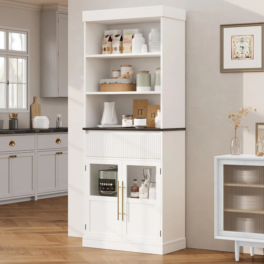 

70 Inch High Kitchen Pantry with Drawer and Glass Door Storage Cabinet, Featuring 3 Shelves for Kitchen or Office Use
