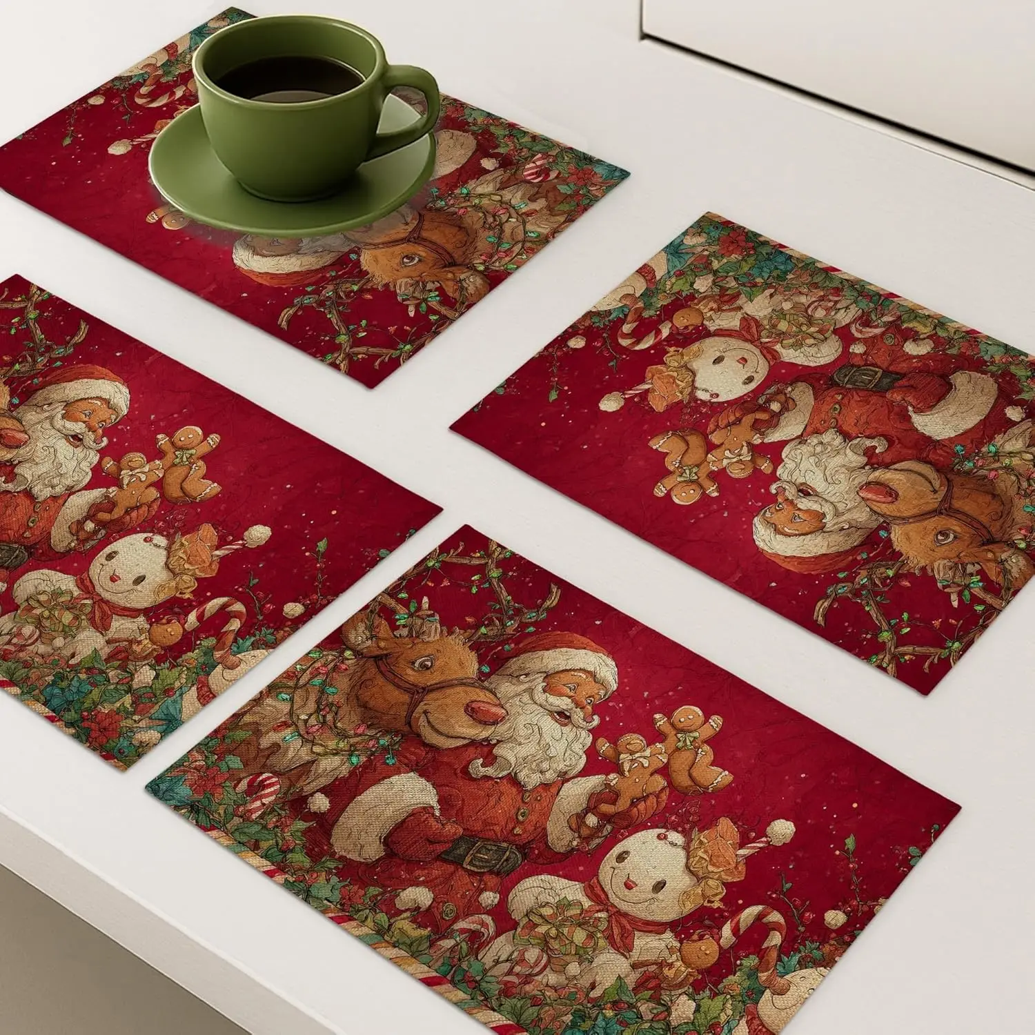 

Christmas Santa Claus and Friends Placemats Red Holiday Decorative Place Mats for Dining Table Non-Slip Washable Indoor Outdoor